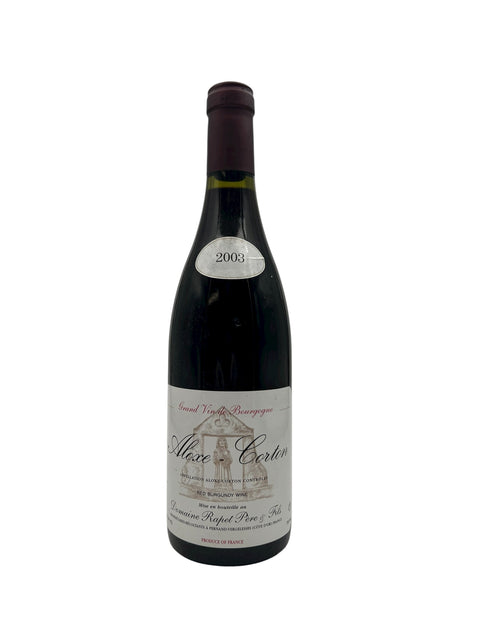 Flasche Rotwein Aloxe Corton Domaine Rapet aus dem Jahr 2003 mit Etikett