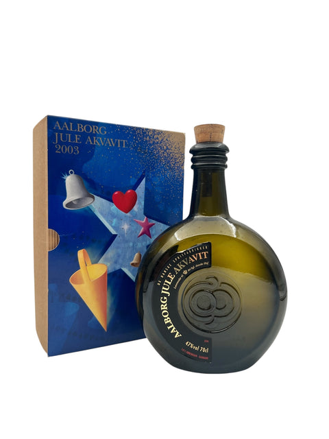 Aalborg Weihnachts-Akvavit-Flasche aus dem Jahr 2003 mit dekorativer Box