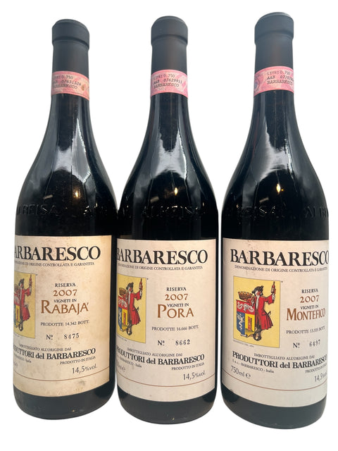 Drei Flaschen Barbaresco-Wein von Produttori del Barbaresco aus dem Jahrgang 2007